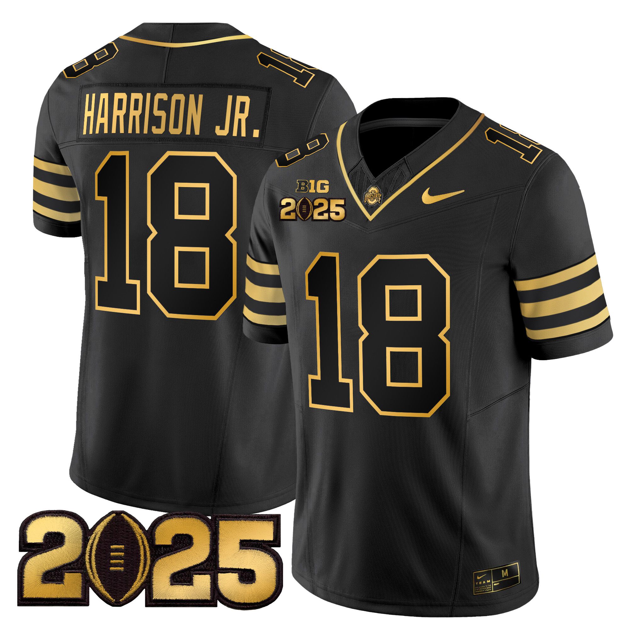 Men Ohio State Buckeyes 18 Harrison jr Black 2025 CFP Final Patch Gold Vapor Limited NCAA Jersey style 1